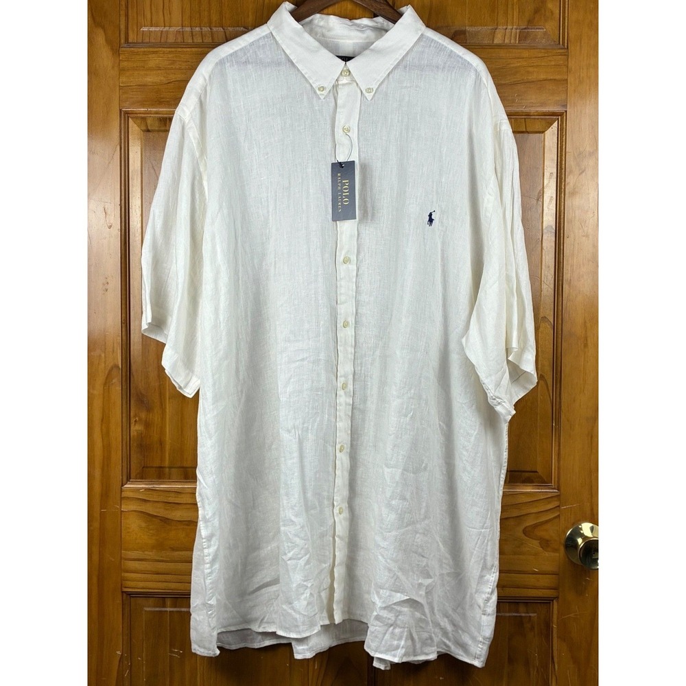 Polo Ralph Lauren Mens 4XLT White 100% Linen Short Sleeve Button Down Shirt NEW